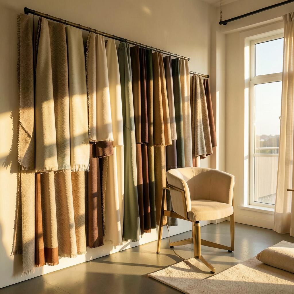 Sunlit tailoring studio with a wall of fabric bolts